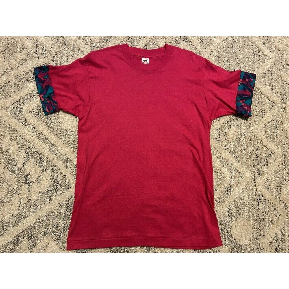 Vintage Fruit Of The Loom T Shirt Pink Tee USA L Blank 90s colored sleeve